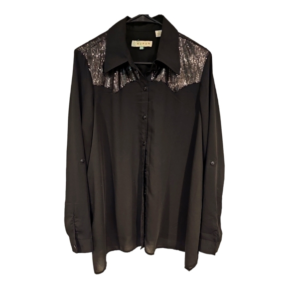 Roper Western Black semi sheer L/S snap shape fit Womens Shirt Sz L - Picture 1 of 11